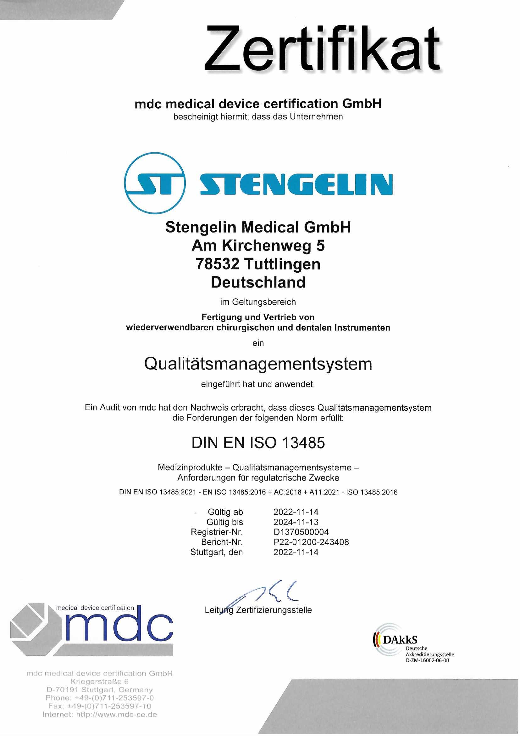 Zertifikat Stengelin DIN EN ISO 13485 deutsch